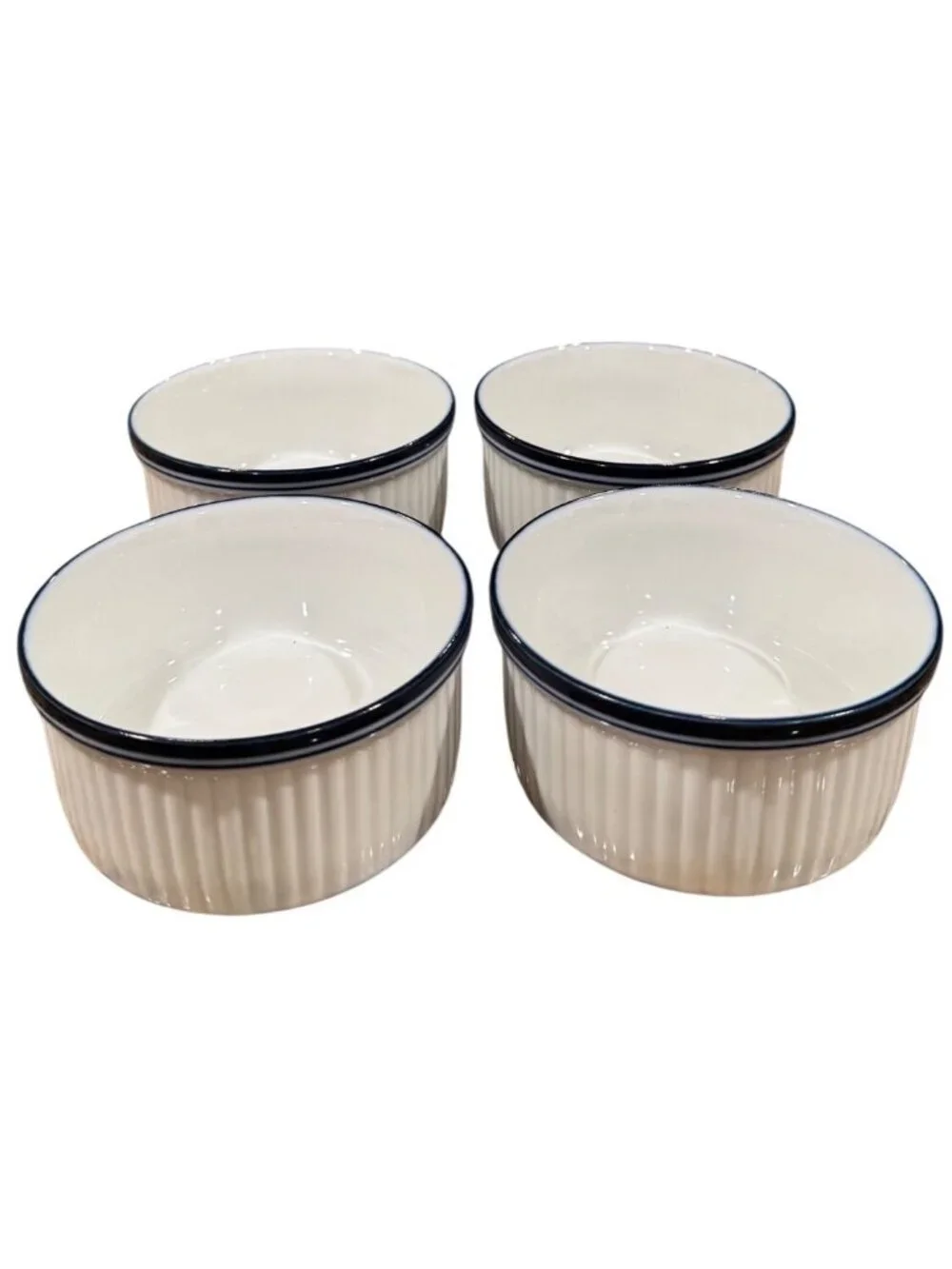 Dansk Bistro Ceramic Bakeware Ramekins White W/ Blue Rim 4-Inch Set Of 4 Baking
